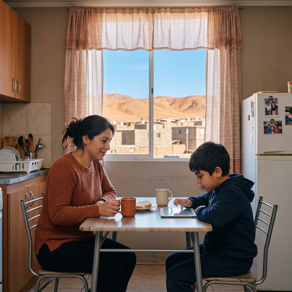 Niño usando una tablet en la cocina de su casa, junto a su madre