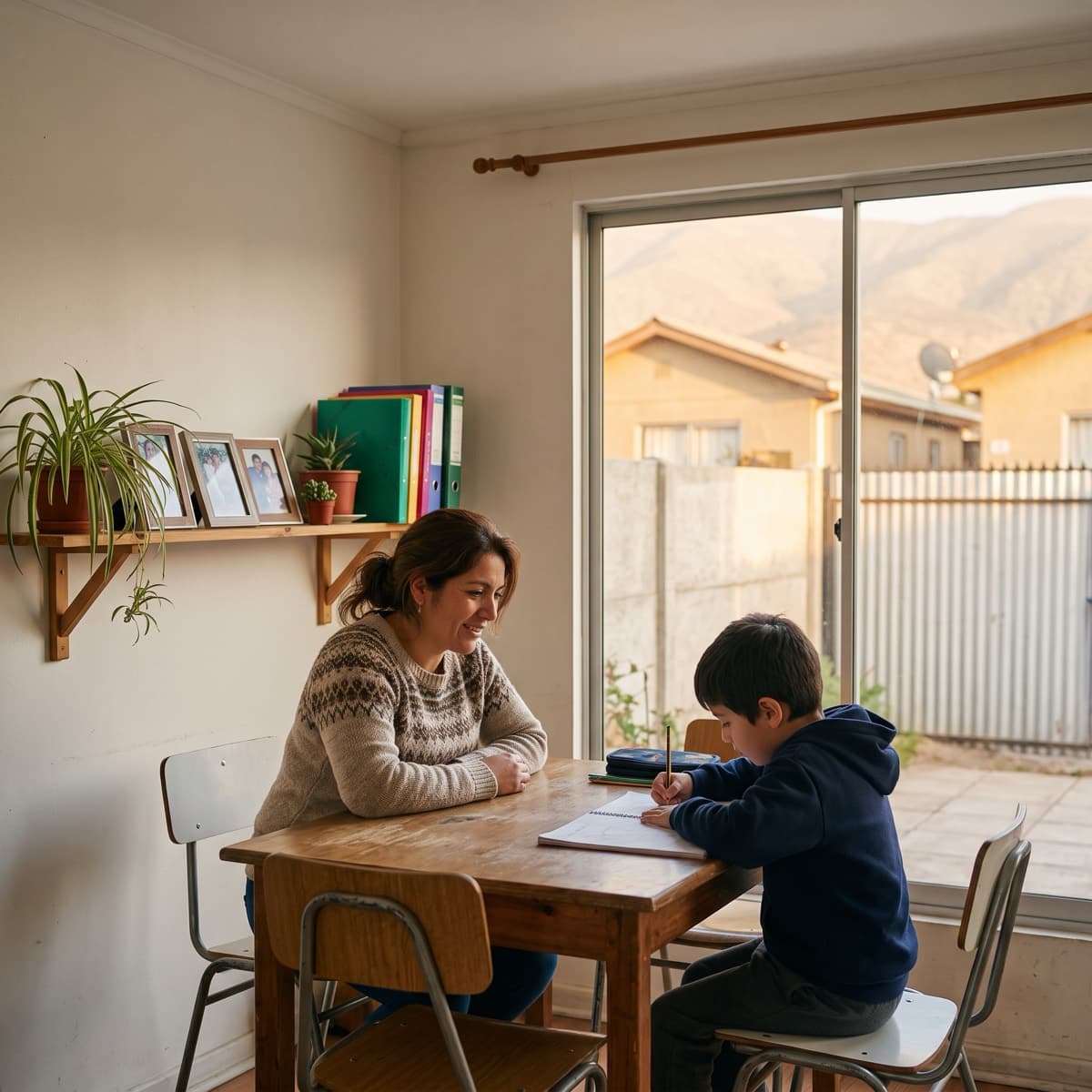 Apoderada acompañando a su hijo mientras revisa sus tareas en casa