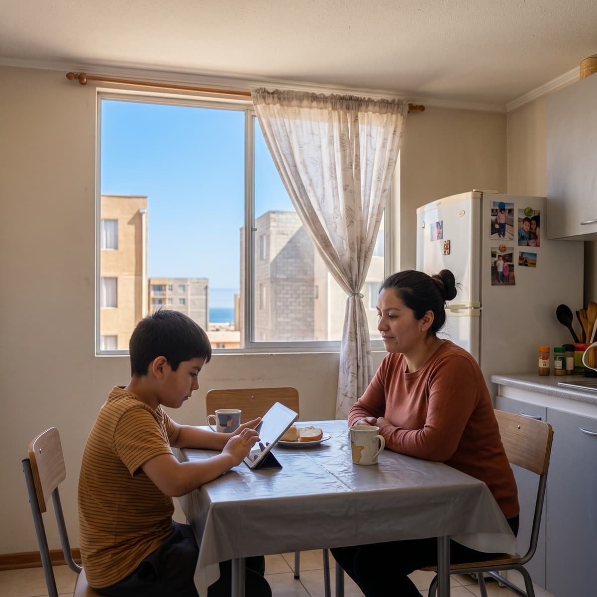 Madre y su hijo revisando el avance de estudio en una tablet, en la cocina de su casa